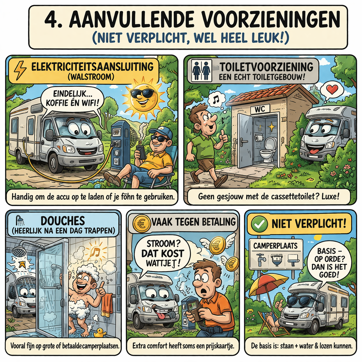 cartoon van camperplaats met aanvullende voorzieningen zoals elektriciteit toilet en douche
