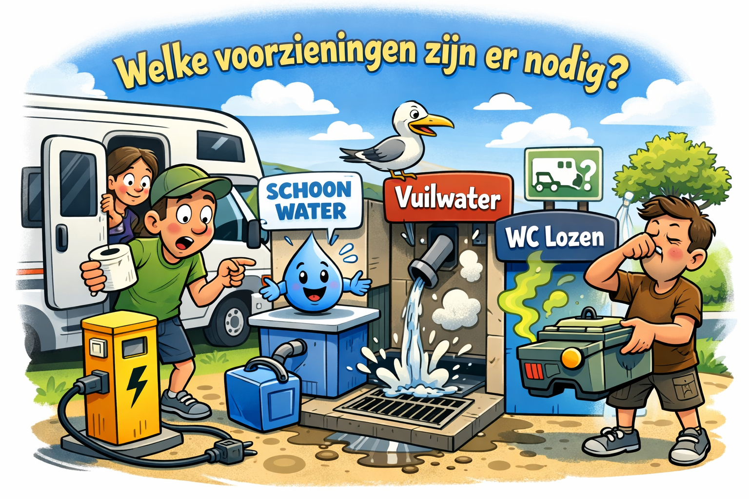 cartoon van camperplaats met voorzieningen zoals schoon water, vuilwater lozen en toilet legen