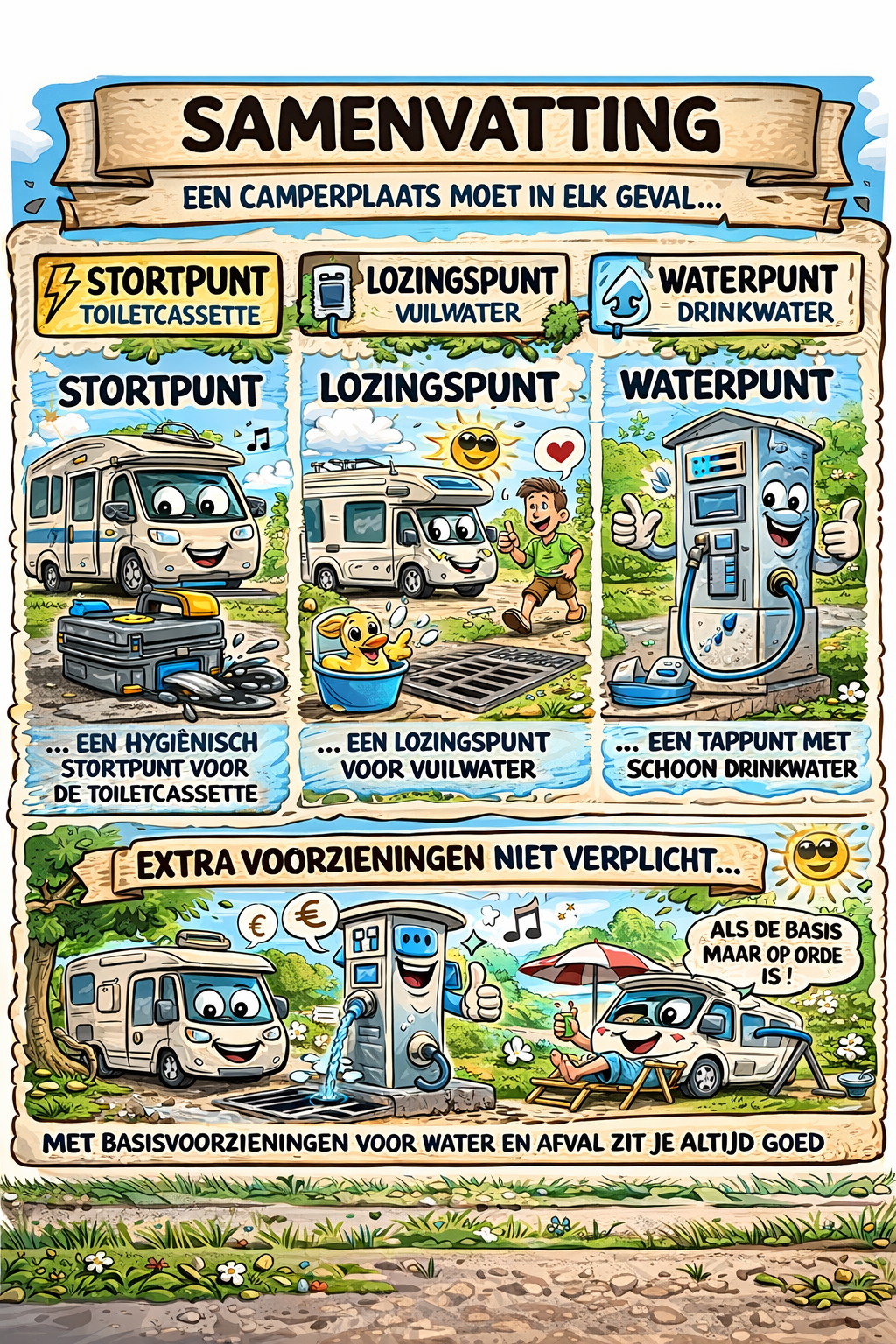 cartoon samenvatting van camperplaats voorzieningen zoals lozingspunt stortpunt en watertappunt
